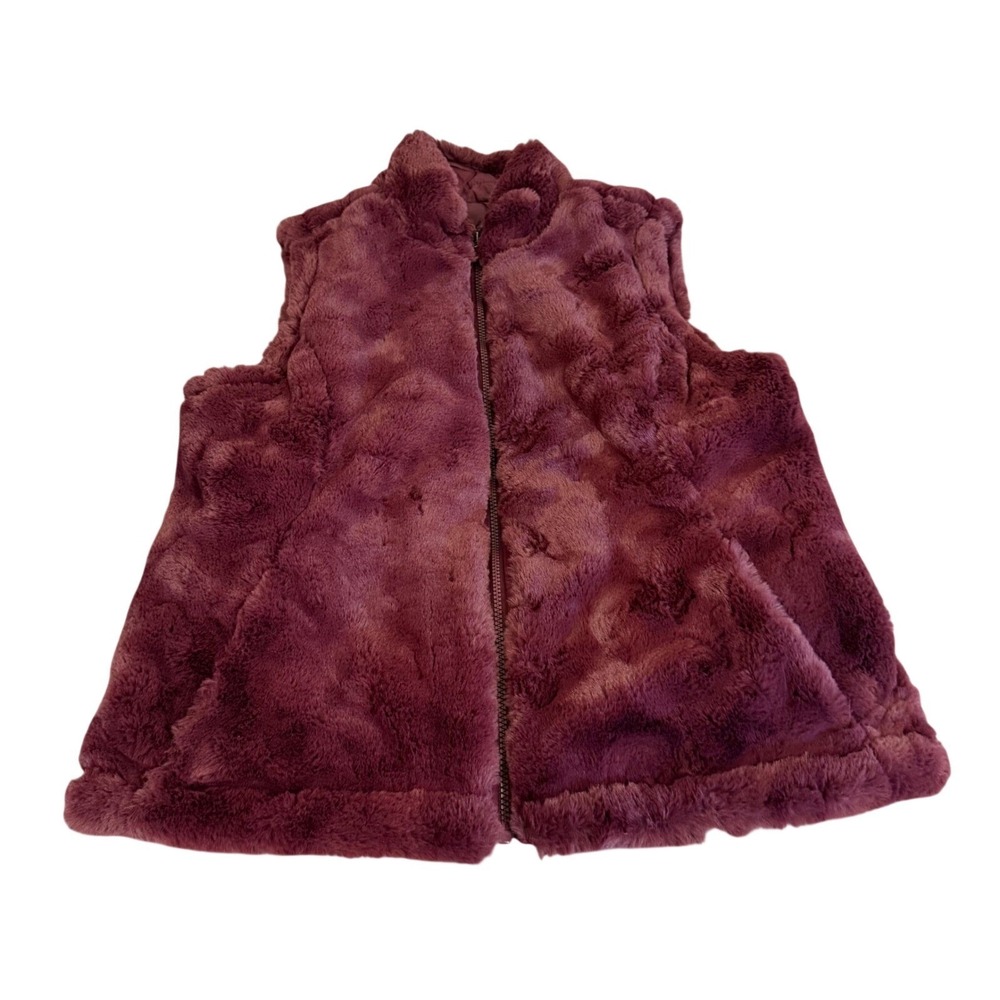 Womens Burgundy Faux Fur‎ Full Zip Vest Stand Collar Shaggy Quilted Lining Wine